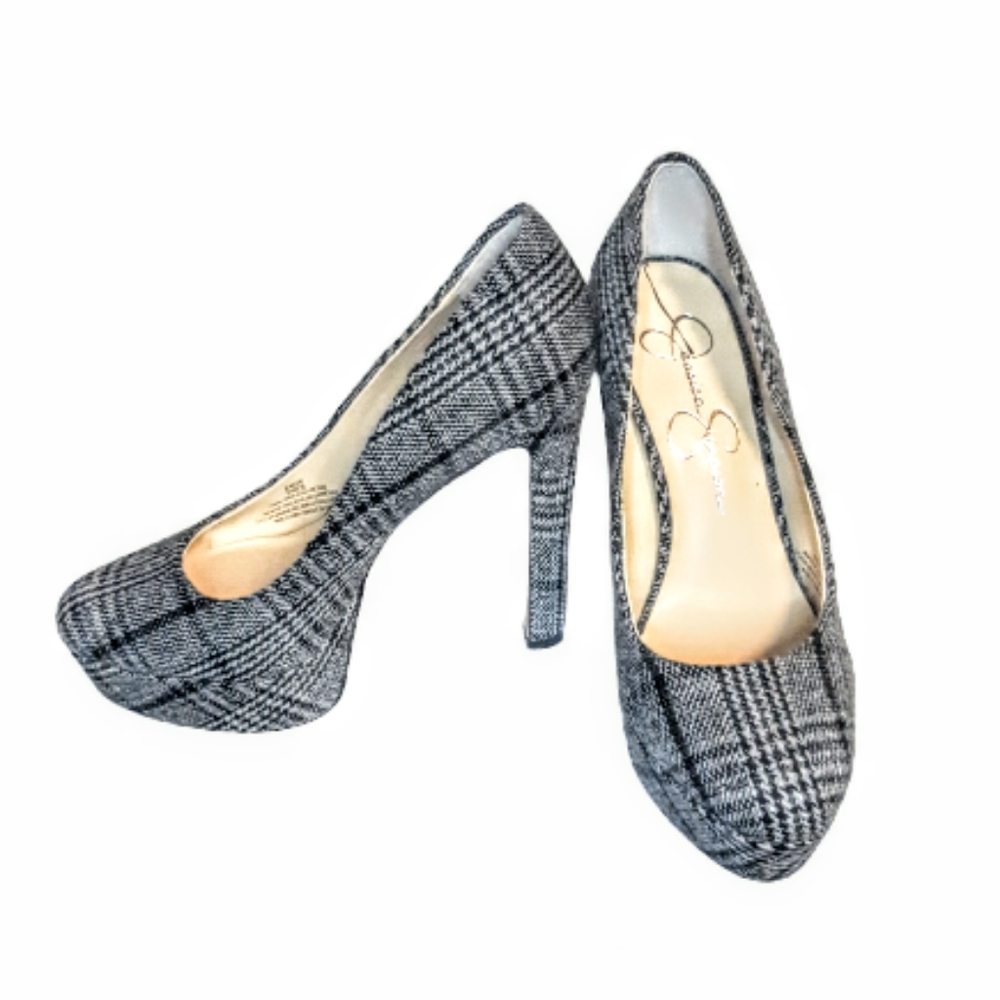 Jessica Simpson Nellah Chunky Plaform Pump High Heels Black white plaid retro